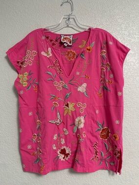 Johnny Was Tee Top Womens S Embroidered Suki Easy Panel Pink Boho Peasant Hippie